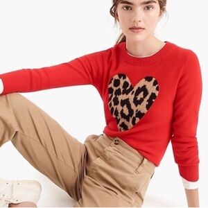 J. Crew Cashmere Leopard Heart Sweater Crew Whimsy Preppy Valentines Day Artsy S